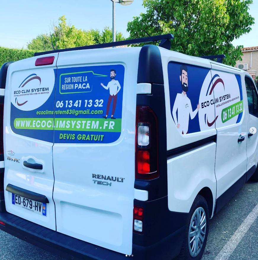 Adhésifs Eco Clim System appliqués sur un véhicule utilitaire